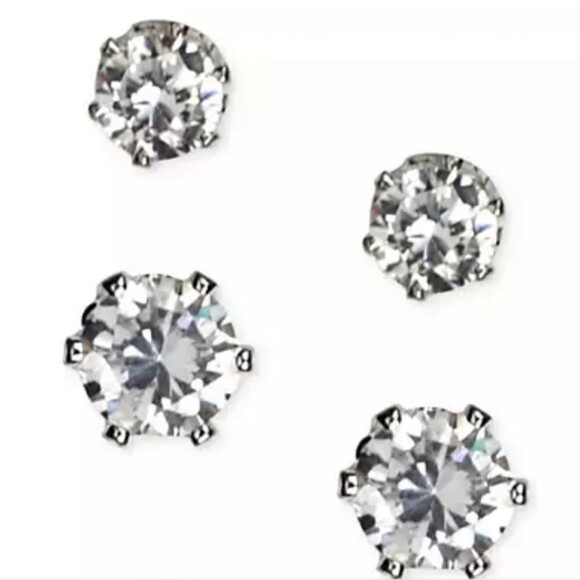 🎁Anne Klein Cubic Zirconia Stud Earrings Set in Silver-tone Metal 2 Pair - Picture 1 of 5